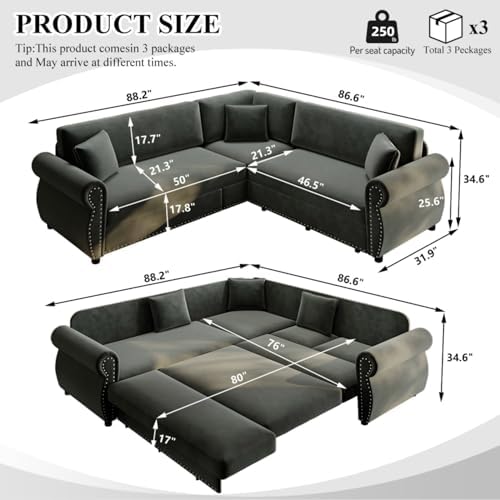 88.2" Chenille L-Shaped Pull-Out Sectional Sleeper Sofa Bed, Dark Grey - Image 3