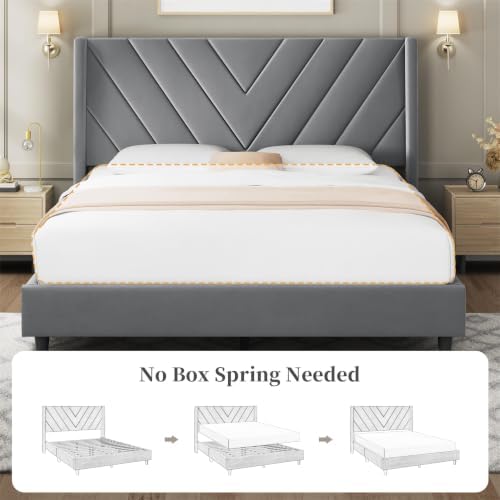 Yaheetech Queen Bed Frame with Chevron Channel-Tufted Headboard, Light Grey - Image 6