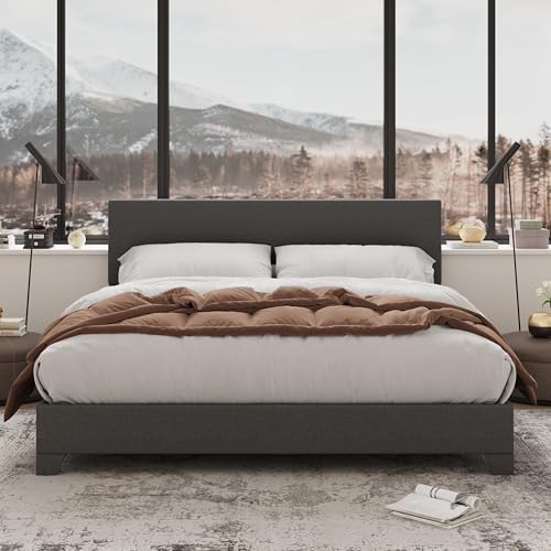 Allewie Full Size Upholstered Bed Frame Adjustable Headboard, Dark Grey by Allewie