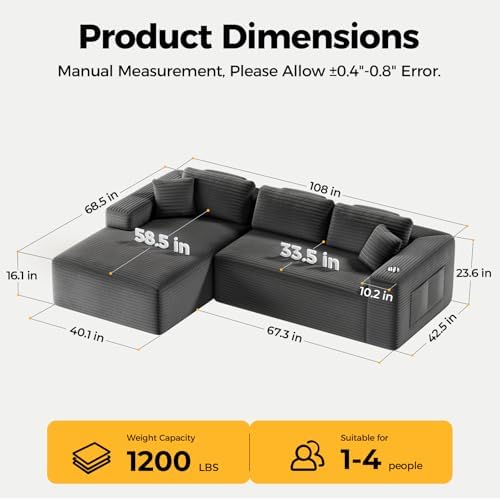 CAMMOO 108" L-Shaped Boneless Sectional Sofa, Cloud Couch in One Box - Image 2