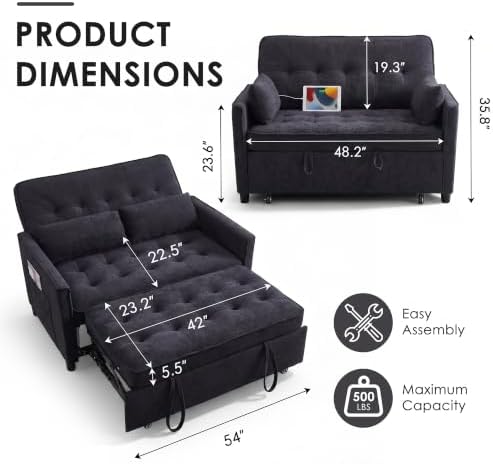 54" Loveseat Sleeper Sofa Bed, Convertible Pull Out Couch - Image 2