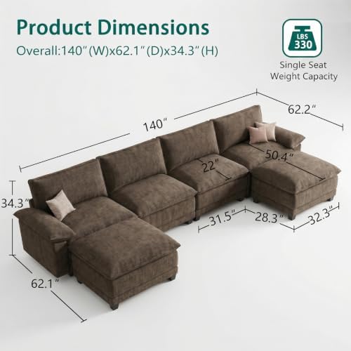 140" Modular Sectional Couch, U Shaped Cloud Sofa - Image 2