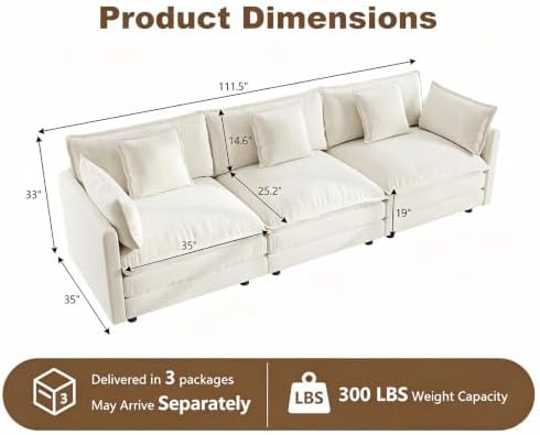 111.5" Modular Sectional Sofa, 3 Seater Deep Seat Cloud Couch - Image 2