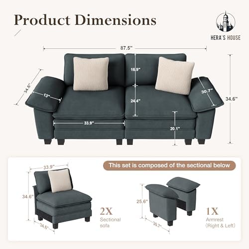 HERA'S HOUSE 88" Oversized Modular Sectional Loveseat Sofa, Chenille Blue - Image 2