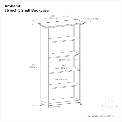 SIMPLIHOME Amherst 70" Tall Solid Wood 5-Shelf Bookcase in Hickory Brown - Image 3