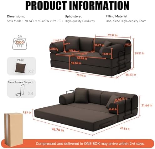 79" Memory Foam Sofa Bed, High Backrest Convertible Futon Boneless Couch - Image 2