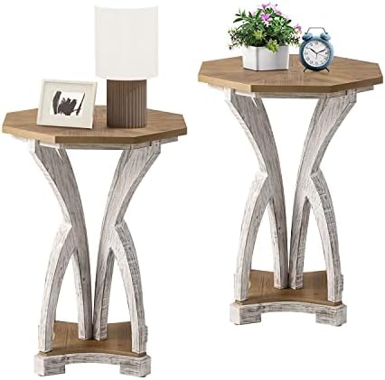 COSIEST Set of 2 Rustic Accent End Table, Octagonal Farmhouse Wood Side Table by COSIEST