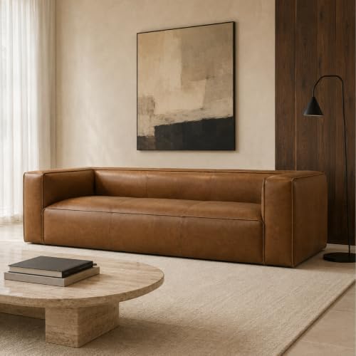 92.5-Inch Cognac Tan Genuine Leather Sofa, Modern 3-Seater Couch - Image 4