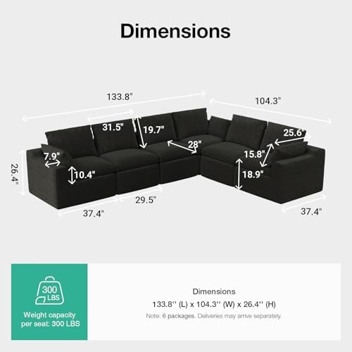 Novilla 133.8" Modular Cloud Couch, Modern Sectional Sofa - Image 2