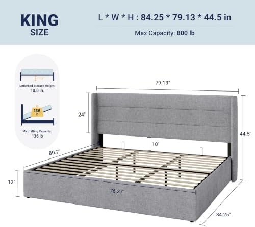 Allewie King Size Lift Up Hydraulic Storage Bed Frame Light Grey - Image 2