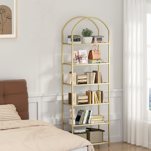 Homhedy 6-Tier Tall Gold Bookshelf, Arched Bookcase - Image 6