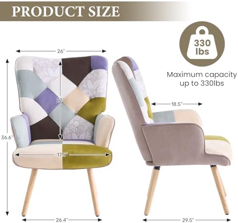 Joysoul Living Room Accent Chair, Modern High Back Armchair, Boho Patchwork - Image 2