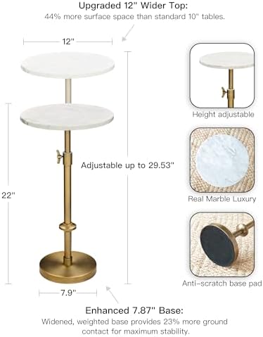 Adjustable 12" White Marble Drink Table - Image 2
