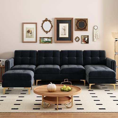 P PURLOVE Velvet Modern Large Sectional Sofa, U Shape Upholstered Couch - Image 3