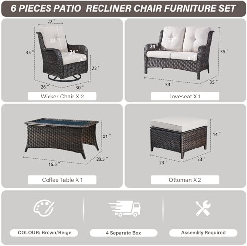 Belord 6 Piece Wicker Patio Furniture Set, Outdoor Swivel Rocker Chairs Set of 2 - Image 2