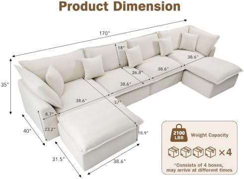 WEUP 170" Oversized Modular Sectional Sofa, Boneless Couch - Image 3