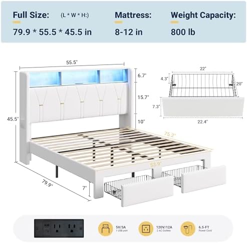 Allewie Full Bed Frame with 2-Tier Storage Headboard, Charging Station & LED - Image 2