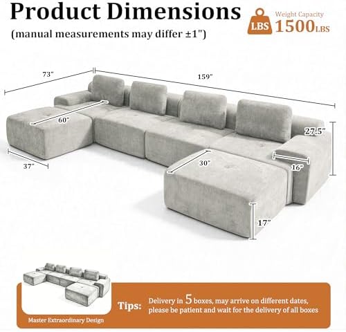 159" U Shaped Oversized Boneless Cloud Couch, Cloud Sectional Couches - Image 2