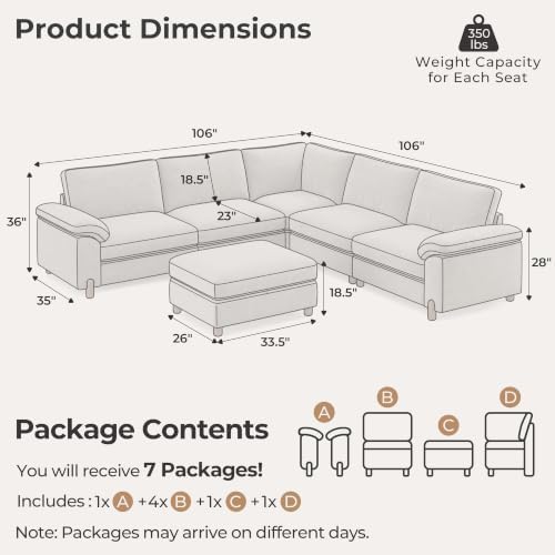 SITJOY Cloud Couch Sectional, 5 Seater V-Shaped, Chenille in Light Gray - Image 2