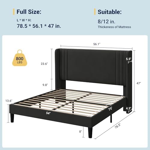 Allewie Full Size Velvet Platform Bed Frame, Tall Wingback Headboard - Image 2