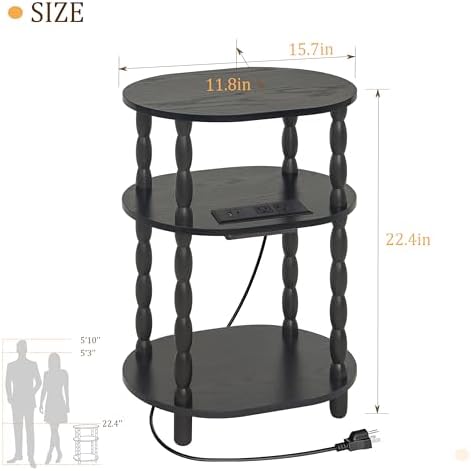 MaxSmeo Black Side Table with Charging Station, 3-Tier Small Oval End Table - Image 3