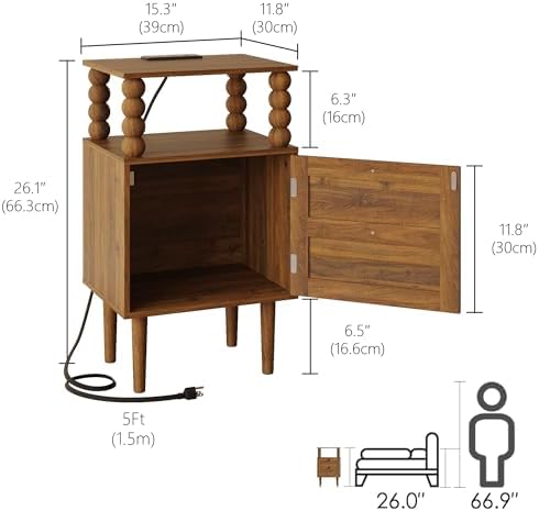 Veegle Nightstand with Charging Station, Retro Bedside Table, Dark Walnut - Image 2