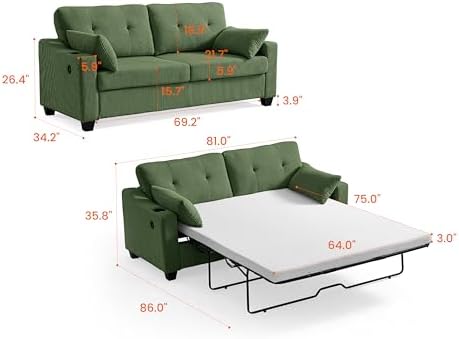 Queen Size Pull Out Sleeper Sofa Bed, Pullout Loveseat Couch Bed - Image 2