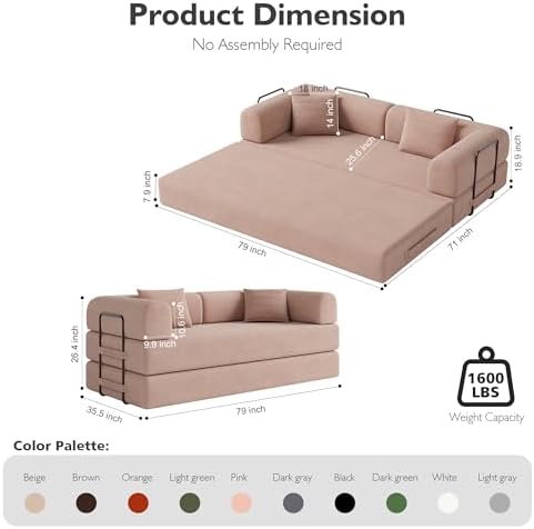 79in Boneless Couch Convertible Futon Sofa Bed Queen - Image 2