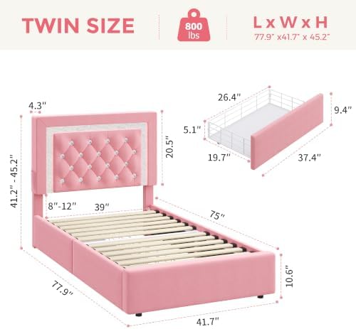 Twin Bed Frame with Storage Drawers and LED Lights, Velvet Upholstered Platform - Image 2