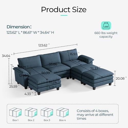 LINSY HOME 123'' Modular Sectional Sofa 3 Seat Couch Corduroy Cloud Couch - Image 2