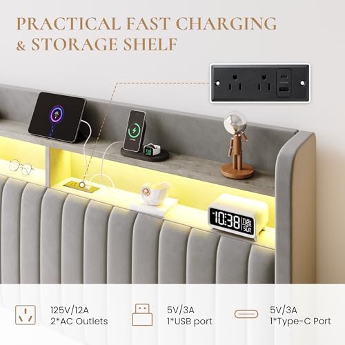 SHA CERLIN Queen Size LED Lift Up Storage Bed Frame Charging Station - Image 3