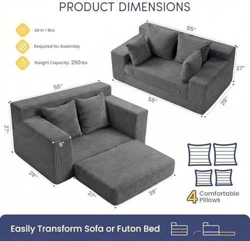 cidludto Boneless Couch Loveseat Sleeper, Convertible Sofa Bed Folding Couch - Image 2