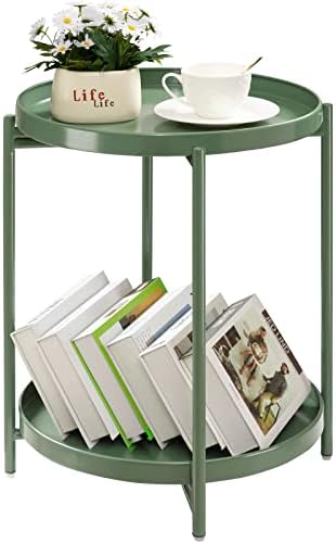 TeoKJ 2 Tier Green Side Table, Folding Round Metal End Table Small Nightstand by TeoKJ