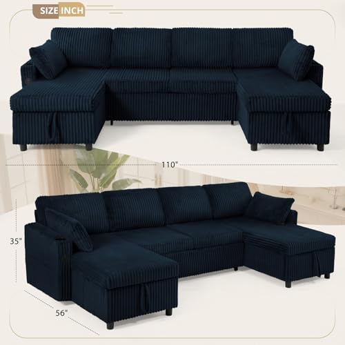 110" Corduroy Pull Out Sofa Bed w/Adjustable Backrests - Image 3