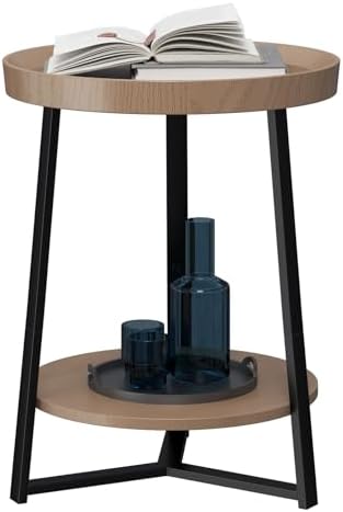 Gadroad Round End Table with Storage Shelf, 2 Tier Farmhouse Side Table by Gadroad
