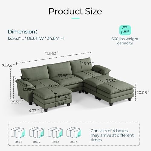 LINSY HOME 123'' Modular Sectional Sofa 3 Seat Couch Corduroy Cloud Couch - Image 2