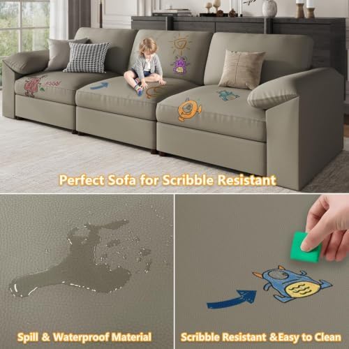 EASE MOOSE Modular Sectional Sofa, Faux Leather Couch, Light Grey - Image 4