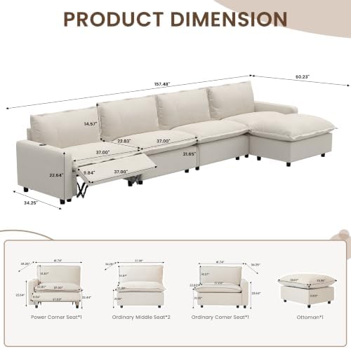 L-Shaped Power Recliner Modular Sectional Couch, 148.8 Inch Cloud Sofa - Image 2