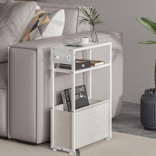 Leomonio White Side Table with Charging Station, Slim End Tables with Linen by Leomonio