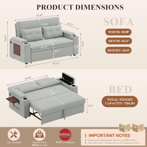 COLAMY 65'' Convertible Futon Sofa Bed, Pull Out Couch Bed, Light Grey - Image 2