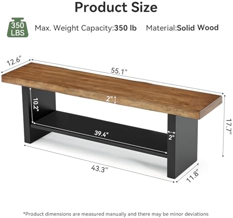 55" Solid Wood Bench with Shoe Storage, 2-Tier Farmhouse Entryway Bench - Image 2