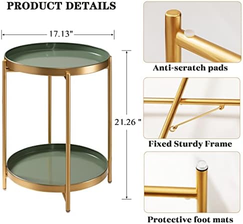 TeoKJ 2 Tier Gold Side Table, Folding Round Metal End Table Small Nightstand - Image 3