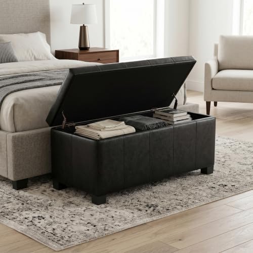 SIMPLIHOME Dover 36" Wide Vegan Leather Storage Ottoman in Distressed Black - Image 4