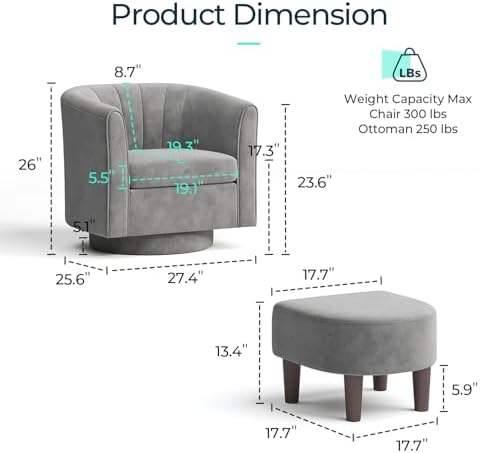 LINSY Swivel Accent Chair with Ottoman: Small Velvet Barrel Chair 360 Swivel - Image 2
