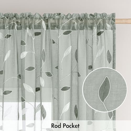 MIULEE Sage Sheer Curtains 2 Panels Embroidered Leaf Patterned, W52 x L96 - Image 6