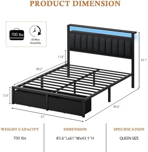 Furnulem Queen Bed Frame with Storage Drawers and Upholstered Headboard - Image 2