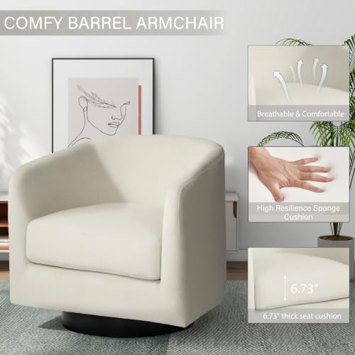 Pia Ricco Set of 4 Oversized Velvet 360° Swivel Barrel Accent Chair Ivory - Image 3