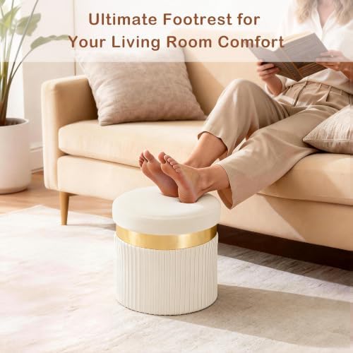 xuperbonus Small Ottoman with Storage, Folding Round Ottoman with Gold Trim - Image 4