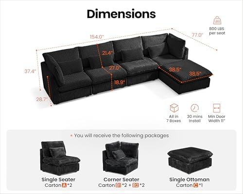 154" Oversize Corduroy Modular Sectional Sofa Couches - Image 2
