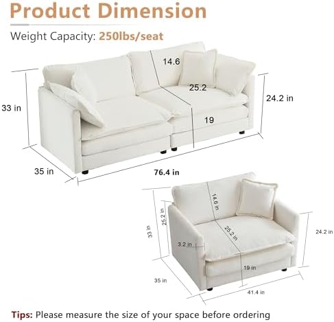 mikibama Luxury 2 Piece Loveseat Couch & Sofa Armchair Set, Modern Upholstered - Image 2